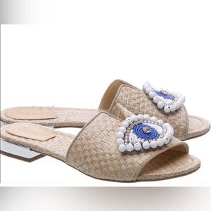 Schutz Evil Eye Raffia Sandals Crystal Embellished Slides 7.5 Rare